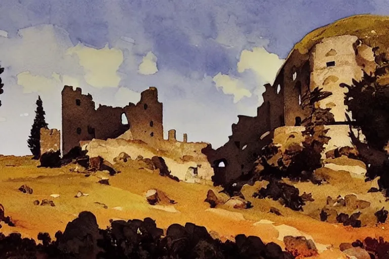 Image similar to california style watercolor painting of castle ruins on hilltop, stone walls, illuminated, very beautiful ambient lighting, sun rays, dust, art by john singer sargent, by anders zorn and winslow homer, wonderful masterpiece by greg rutkowski, cinematic light, american romanticism by greg manchess, creation by tyler edlin