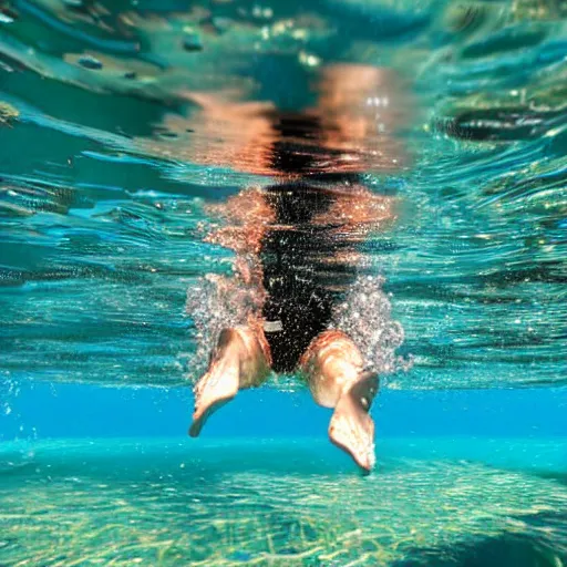 Prompt: 8k UHD under water photograph lithe carefree girl swimming in lagoon, taken from below, detailed