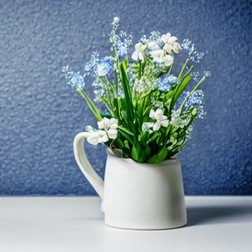 Prompt: clay mug on a white table surrounded by elegant blue and white flowers and green leaves, bright white realistic, up close shot, white background, zen, light, modern minimalist, clean f 2 0