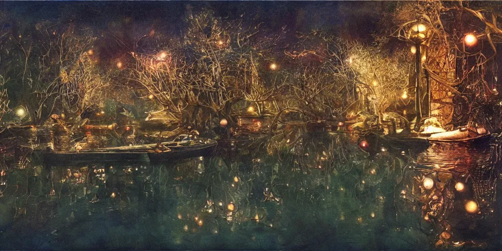 Prompt: a mystic river, the river is full of lights, mysticism, artwork, watercolor, cinematic, exposure, slit - scan photography, 4 k, ultra - hd, incandescent, ray tracing reflections, insanely detailed and intricate, elegant, ornate, hyper realistic, super detailed by dorothea tanning, by bruce pennington