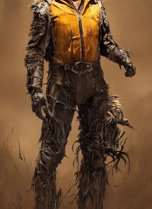 Image similar to powerful male scarecrow, willem dafoe as scarecrow, full body character concept, covered in full leather armor, art nouveau, super powers, fantasy, intricate, elegant, highly detailed, digital painting, artstation, concept art, shining, sharp focus, illustration, art by stanley lau