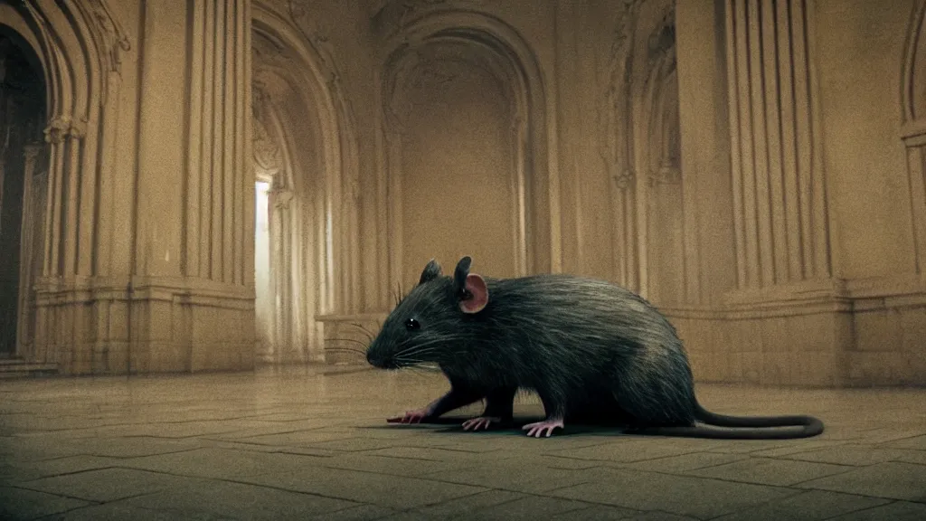 Prompt: the giant rat in city hall, made of wax and water, film still from the movie directed by Denis Villeneuve with art direction by Zdzisław Beksiński, wide lens