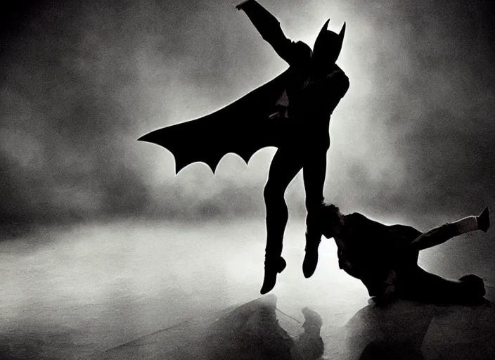 Image similar to Batman and Joker dance together，atmospheric lighting, masterpiece, award winning painting by Emmanuel Lubezki