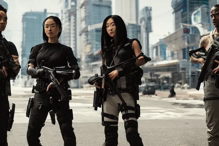 Prompt: movie diverse interracial team of Japanese sci-fi futuristic robbers armed with rifles interior clean futuristic tactical van, cyberpunk city, beautiful skin, Symmetrical faces. natural lighting by Emmanuel Lubezki