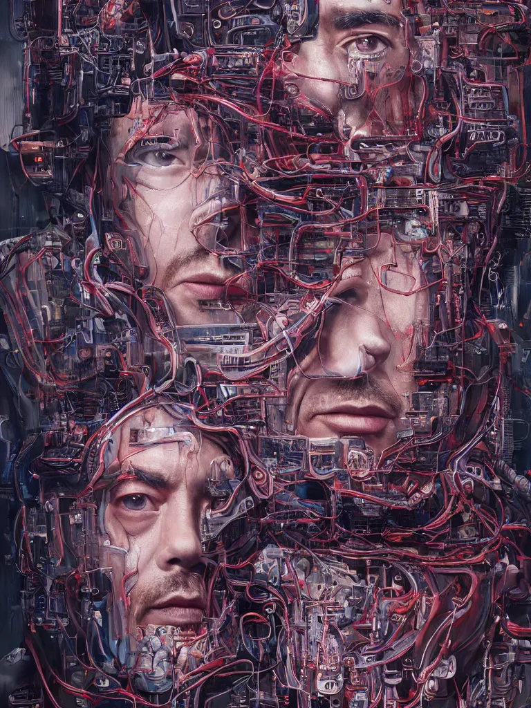 Image similar to portrait of computer & circuits, melting, tony stark, 8 k, by tristan eaton, stanley artgermm, tom bagshaw, greg rutkowski, carne griffiths, ayami kojima, beksinski, giger, trending on deviantart, face enhance, hyper detailed, minimalist, cybernetic, android, blade runner, full of colour, super detailed