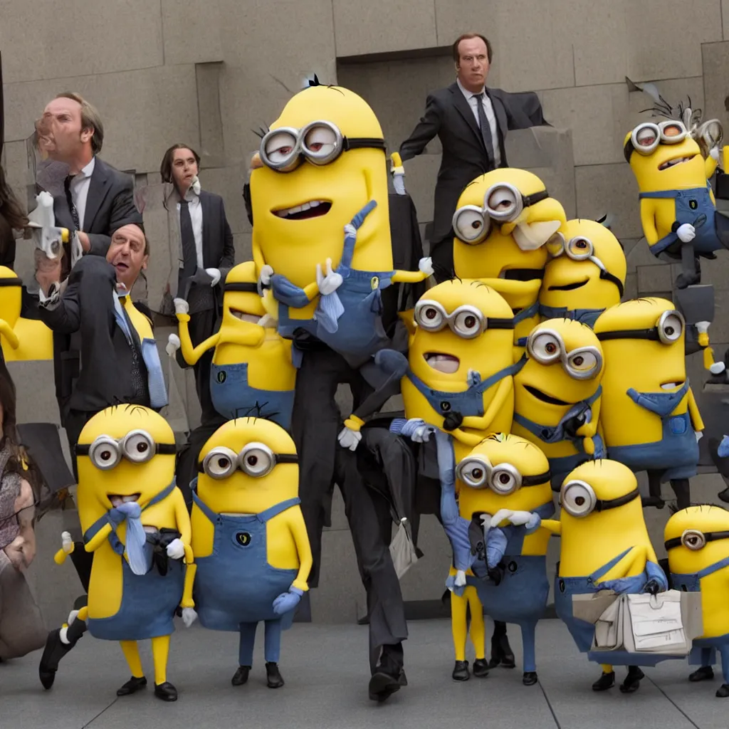 Image similar to Saul Goodman defending the minions in court