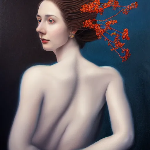 Image similar to portrait of a young attractive nerdy woman in flowing sensual dress, arrogant, long fine flowing hair, delicate, looking at camera, slightly awkward smile, realistic face, hands behind back, stylish, elegant, grimdark fantasy, flowers, extremely detailed painting inspired by Gerald Brom and Ernst Haeckel and Monia Merlo, studio lighting