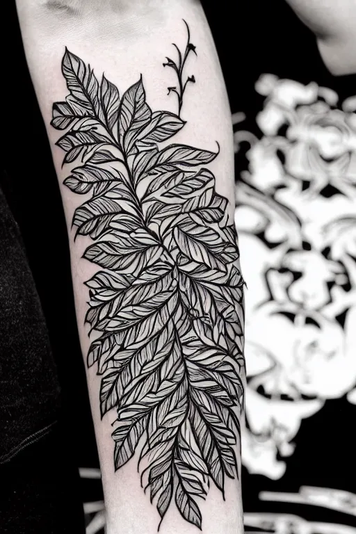 Image similar to tattoo design on paper, leafy baroque patterns, heavy black ink, monotone, highly detailed