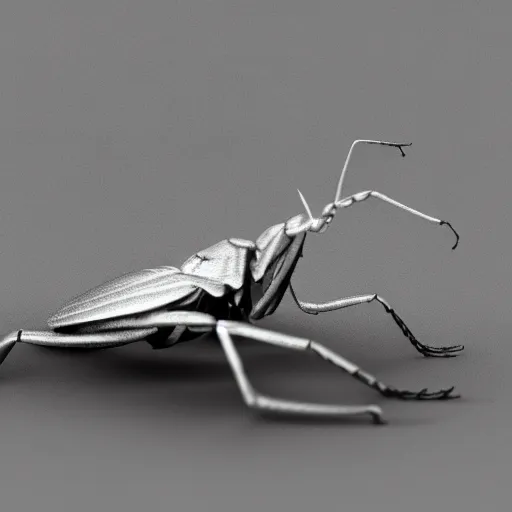 Image similar to 3d Render of a silver mantis in the wildn dramatic lighting, shallow depth of field, high detail, concept art