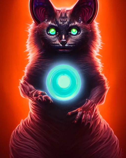 Prompt: one singular portrait of a bioluminescent cat creature with big glowing eyes, highly detailed, digital painting, cinematic, hyper realism, dark retrowave, art by Stanley Lau and Artgerm and magali villeneuve and Alphonse Mucha, artstation, octane render, cgsociety