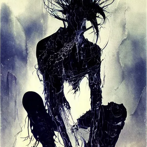 Image similar to gaunt ( the cure fan ) as dream from sandman, dim stars as eyes, by jeremy mann, by cedric peyravernay, by ben templesmith, by dave mckean and ben templesmith, by richard avedon, dramatic lightning, sadness, dark eye sockets, in the shadows, punk rock, gothic, high detailed, 8 k