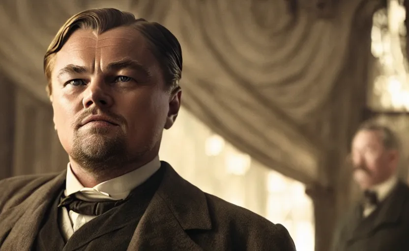 Prompt: Leonardo DiCaprio as Theodore Roosevelt in 'Roosevelt' (2017), movie still frame, oscar nominated cinematography, volumetric lighting, 8k resolution