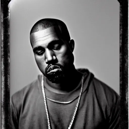 Prompt: a photograph of Kanye West by Julia Margaret Cameron, portrait, 40mm lens, shallow depth of field, close up, split lighting, cinematic