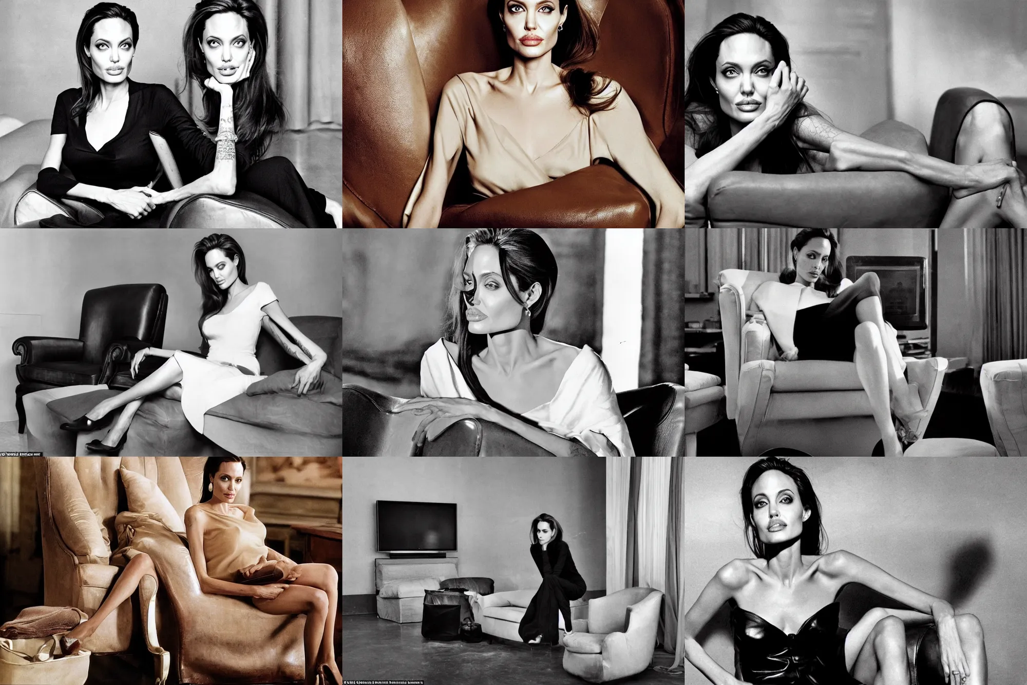 Prompt: angelina jolie lies in beautiful clothes sits on a leather armchair and watches tv, soviet interior