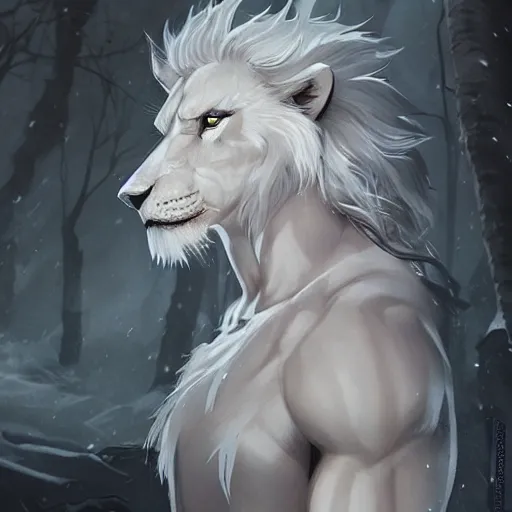 Image similar to anthropomorphic male muscular albino white lion, wearing beautiful game of thrones outfit, darkness aura, fantasy, mysterious low key lighting, winter blizzard atmosphere, high contrast portrait, character design by charlie bowater, ross tran, artgerm, and makoto shinkai, detailed, inked, western comic book art, 2 0 2 1 award winning film poster paintingy