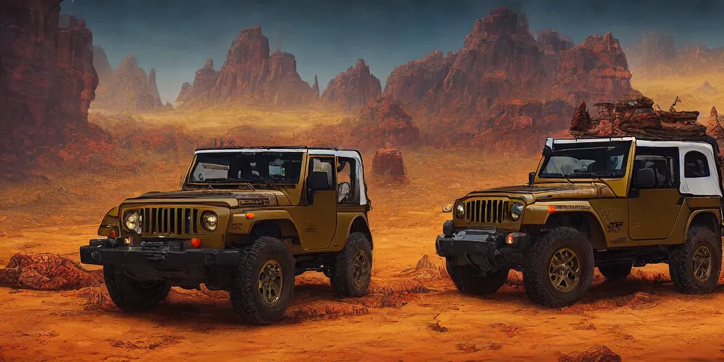 Image similar to Mahindra thar, an epic fantasy, dramatic lighting, cinematic, establishing shot, horizon forbidden west, extremely high detail, photorealistic, cinematic lighting, by simon stalenhag