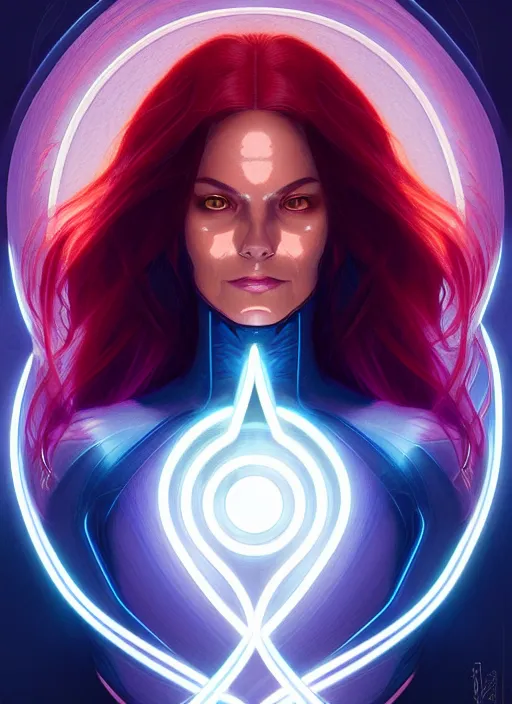 Image similar to symmetry portrait of jean grey from 9 0 s x - men, glowing lights, intricate, elegant, highly detailed, digital painting, artstation, concept art, smooth, sharp focus, illustration, art by artgerm and greg rutkowski and alphonse mucha