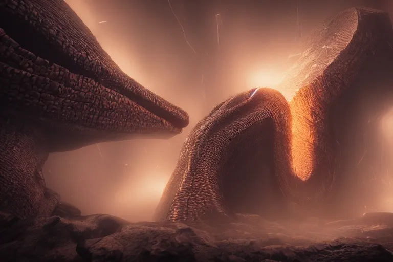 Image similar to amplified ritual engine, closeup portrait of a colossal volcanic serpent, shrouded in fog, dramatic lighting, unreal engine, cgsociety, artstation, 4k