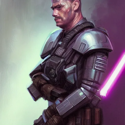 Image similar to portrait of a man by greg rutkowski, a soldier of the galactic dominion, wearing a purple colored tactical gear, star wars expanded universe, highly detailed portrait, digital painting, artstation, concept art, smooth, sharp foccus ilustration, artstation hq