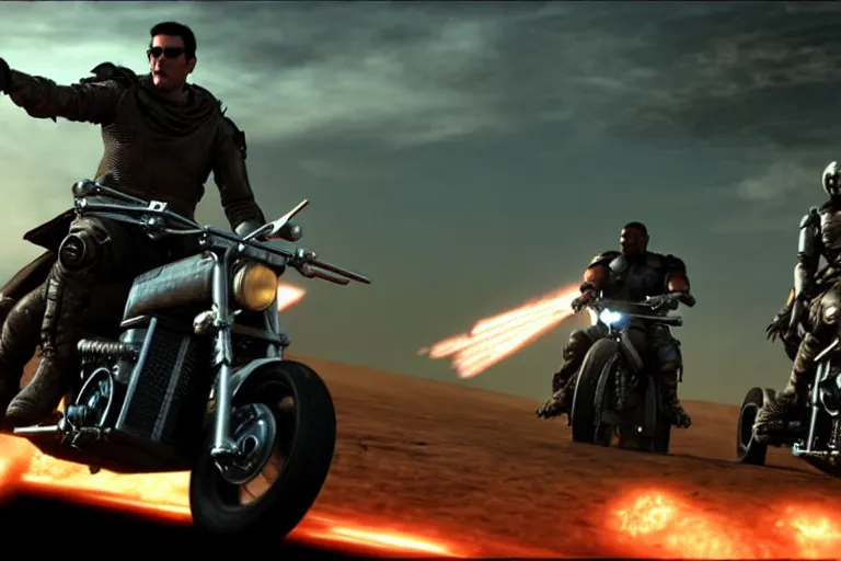 Prompt: mad max riding his Interceptor in space, fighting mutants on space bikes, action-scene, very detailed, high octane