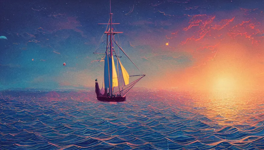 Image similar to a sailing ship in the sea by inio asano, beeple and james jean, aya takano color style, 4 k, super detailed, night sky, digital art, digital painting, celestial, majestic, colorful