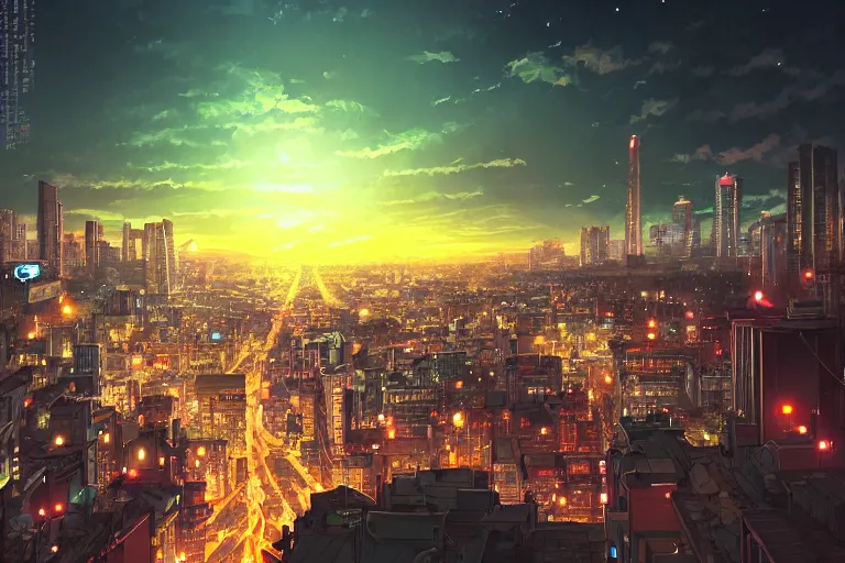 Image similar to a view of a city at night from a hill, vibes, cozy, by wlop, poster, anime key visual, high details