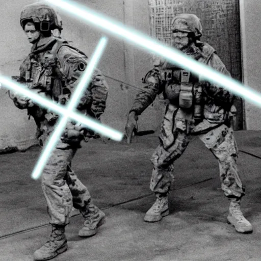 Image similar to U.S. military men in a battle using holographic warrrfare and electronic psychotronic laser devices