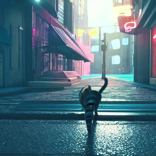 Image similar to cat walking down the street of a cyberpunk city at night, 3d render, Unreal Engine, octane render, ray tracing, Unity, highly detailed, high quality, HD, 4k, 8k, realistic, sharp, no blur, edited, corrected, trending