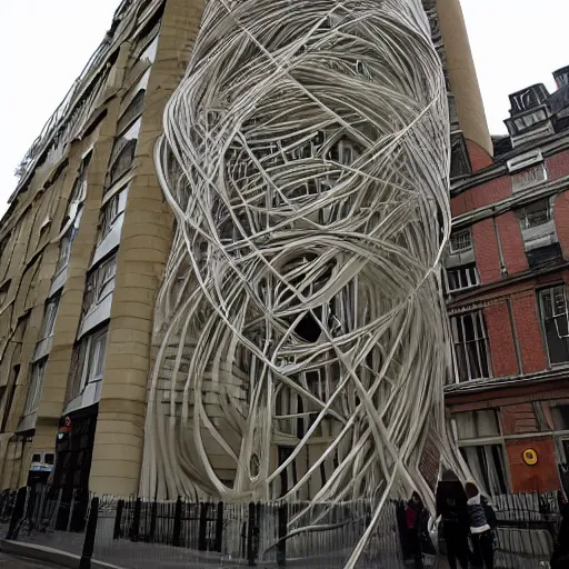 Image similar to mc escher building in london covered in spaghetti