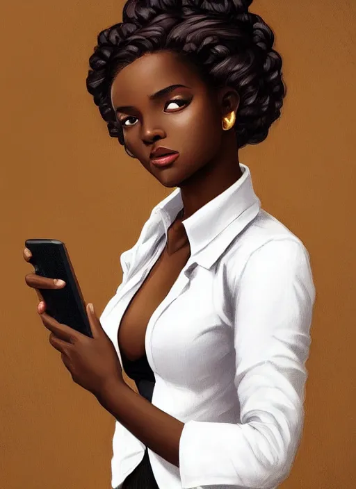 Image similar to detailed digital painting of beautiful black woman in corporate attire holding a cell phone and steaming coffee mug, fanart behance trending on artstation, concept art, matte, sharp focus, illustration, corner office background, hearthstone, art by artgerm and greg rutkowski and alphonse mucha