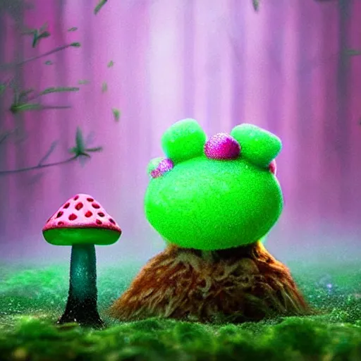 Image similar to an aesthetically pleasing fluffy fuzzy curly furred strawberry cow in a cottagecore mushroom filled forest with a tiny green frog sitting on a toadstool, pink fog, glitter, sparkles and shimmers, ambient occlusion, God rays, national goegraphic