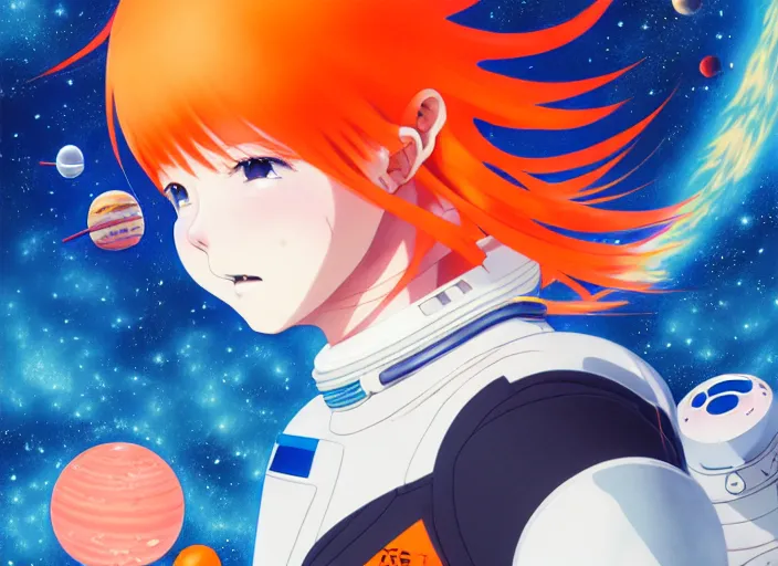 Image similar to anime portrait of a young astronaut girl floating inside a spacestation flowing orange hair no helmet, Karolis Strautniekas,omoide emanon, tsuruta kenji, murata range,kawaii, kyoto animation, manga, intricate, detailed, studio lighting, gradation,editorial illustration, matte print, Ilya Kuvshinov