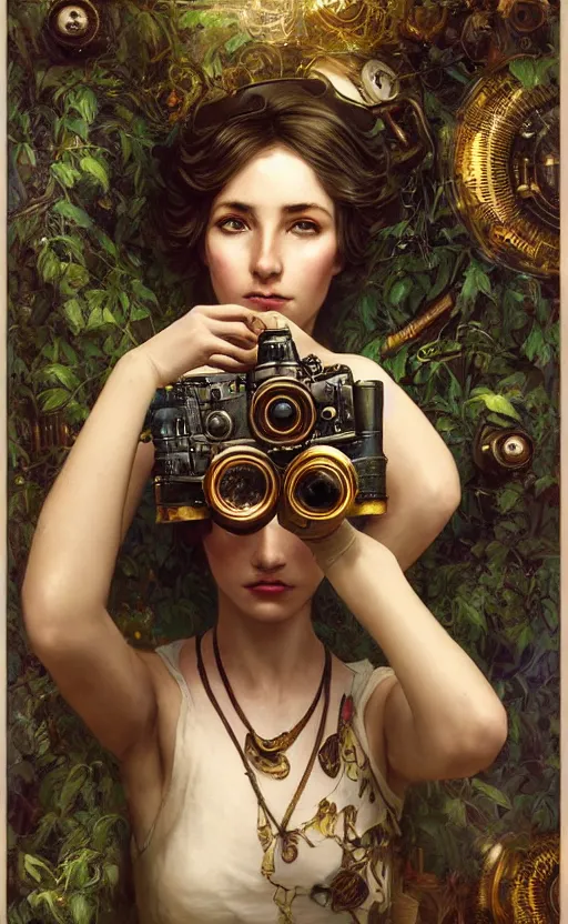 Image similar to hyper realistic male photographer looking through a vintage steampunk medium format camera, design on white background, beautiful details, lush foliage cyberpunk, gold, drawn by john singer sargent, tom bagshaw, norman rockwell, alphonso mucha, lolish, trending on artstation