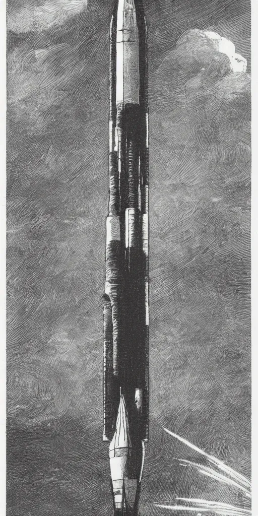 Prompt: primitive rocket launch in the style of hugh ferriss