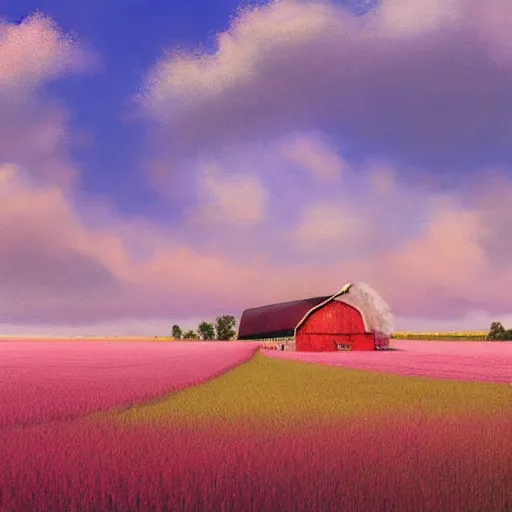 Image similar to a beautiful wheat field with a barn, with beautiful large fluffy pink clouds illuminated by the sun, in the style of craig mullins