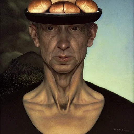 Image similar to portrait face head eyes man fungal ears Mushroom Sorcerer the Hank Hill camouflaged as a breadbasket wearing a black shirt mark ryden greg rutkowski andrew wyeth giorgio de chirico