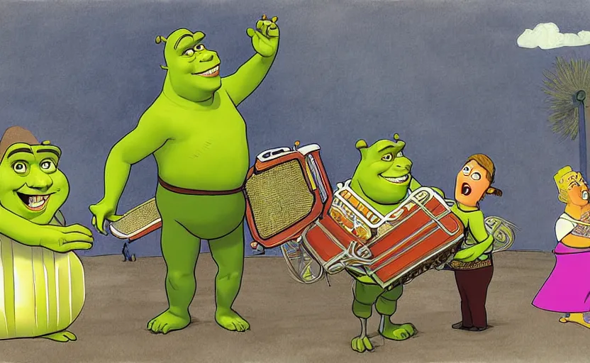 Prompt: shrek competes with spongebob in an accordion contest, highly details, by moebius, digital painting