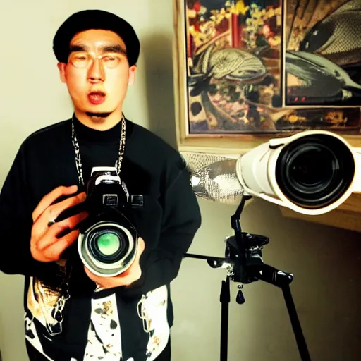 Image similar to I GOT THAT CHING CHANG CHONG THE ONE WITH CHOP STICK OH I GOT THAT CHIN CHANG CHONG (CHING CHANG CHONG), Chinese rapper holding a microphone infront of an fish eye lense camera, VHS, Camcorder, Realism,