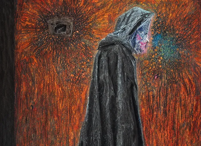 Image similar to dark figure in cloak, hooded shadow, oil, pastel, acrylic, oil on canvas, high detail, dots, stippling, clay, high resolution, clay, fractal, drip, drops, pulled apart, style of francis bacon, fractal paint