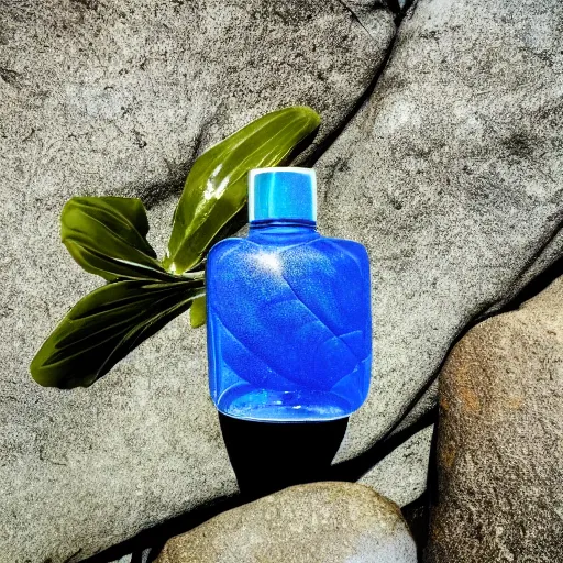 Prompt: perfume bottle on a rock floating in the blue reflective sea surrounded by big tropical leaves, fauna and flora, bright blue skies, zen, light, modern minimalist daytime f 2 0 clean and fresh