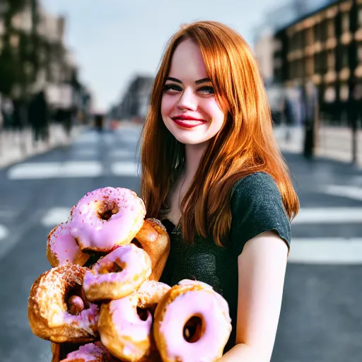 Prompt: photo of cute teenage emma stone, freckles, holding bunch of donuts, street of moscow, shallow depth of field, cinematic, 8 0 mm, f 1. 8