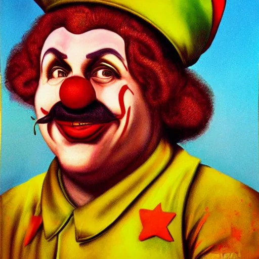 Image similar to communist clown painting, sovier propaganda style, hyper realistic portrait, very detailed line, vivid colors