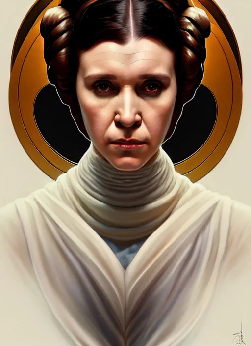 Image similar to symmetry!! portrait of princess leia organa, intricate, elegant, highly detailed, digital painting, artstation, concept art, smooth, shallow focus, illustration, art by artgerm and greg rutkowski and alphonse mucha, 8 k