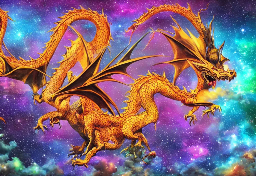 Prompt: Dragon at space with realistic and colourful testure