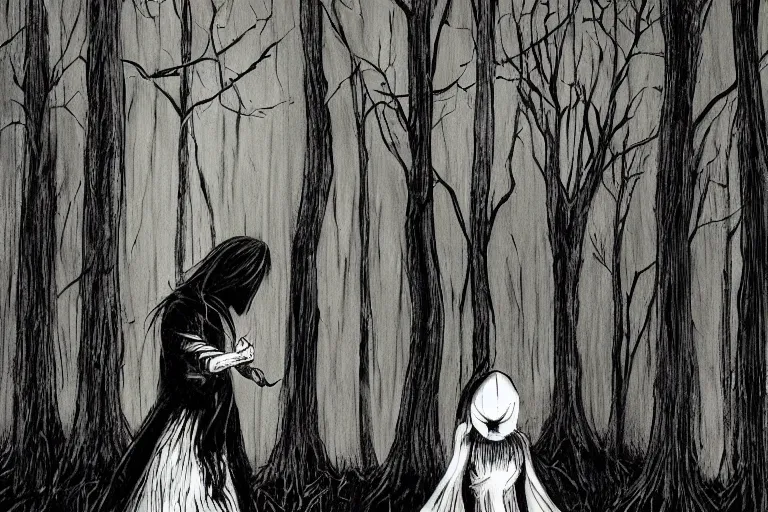 Prompt: mad girl wandering the woods hand in hand with shadow figure artwork by ben templesmith