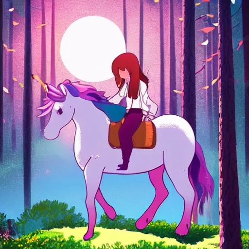 Image similar to a bautiful girl riding a unicorn in the forest. Digital art in the style of studio ghibli