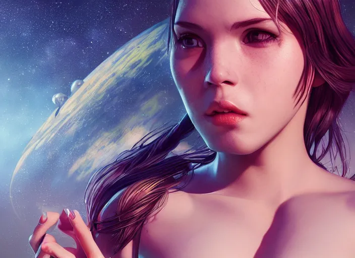 Image similar to a girl on a spaceship, beautiful girl model, detailed crop top, detailed torso, by artgerm, by wlop, portrait shoot, octane render