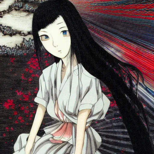 Image similar to yoshitaka amano blurred and dreamy realistic illustration of a young japanese woman in anime style with black eyes, wavy white hair fluttering in the wind wearing dress suit with tie, junji ito abstract patterns in the background, satoshi kon anime, noisy film grain effect, highly detailed, renaissance oil painting, weird portrait angle, blurred lost edges, three quarter view