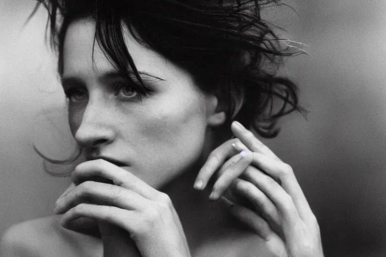 Image similar to close up, black and white portrait, beautiful white woman with bright blue eyes smoking, Peter Lindbergh, 35mm, film photo