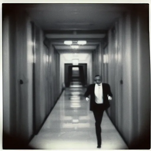 Image similar to A creepy polaroid of Obama chasing you in a narrow hallway